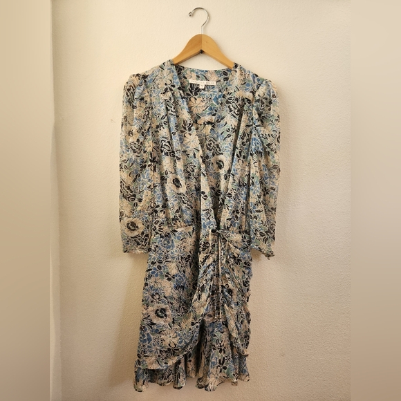 Veronica Beard Dresses & Skirts - Veronica Beard Silk Dress Maggie Floral Print 3/4 Sleeve Shirred Mini Blue Sz 4